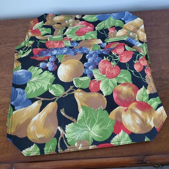 Set of 6 Black Multi color Rectangular Fruit Placemats - Picture 1 of 7